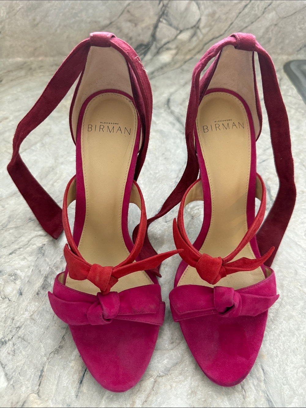 Alexandre Birman Fuchsia and Red Suede Tie-Ankle Sandals